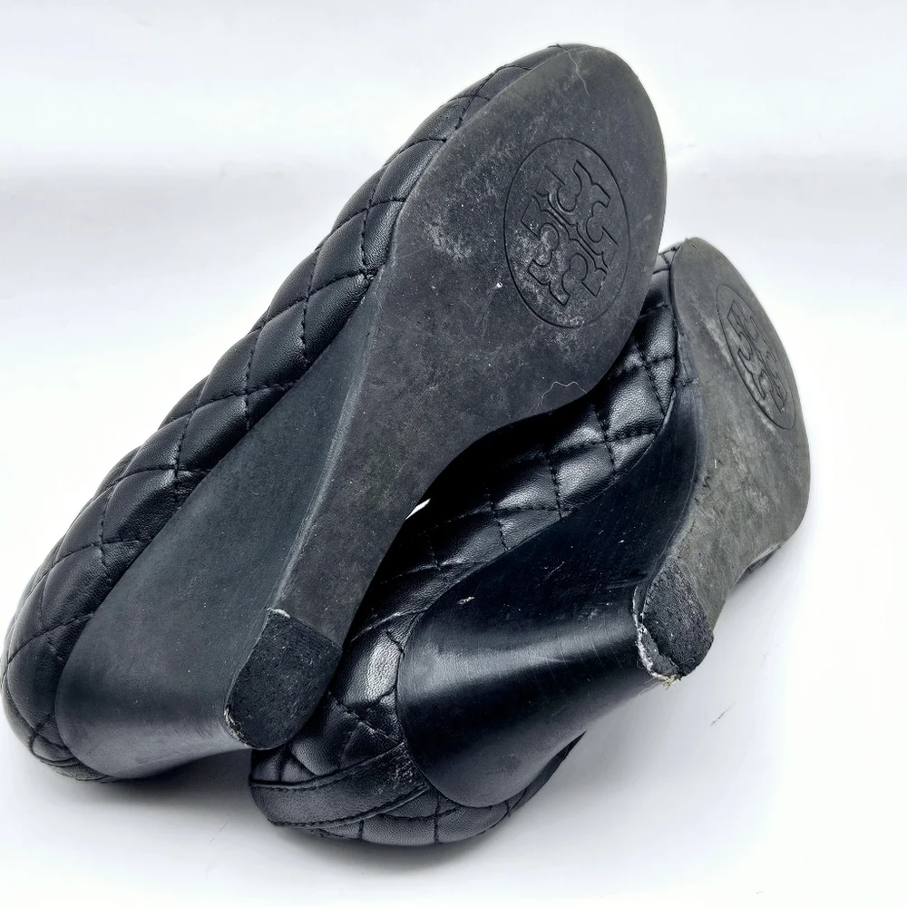 Tory Burch Black Quilted Wedges with Gold Logo - Picture 9 of 15